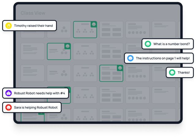 Faded screenshot of Classkick app with chat-style conversations between a teacher and student happening in the foreground