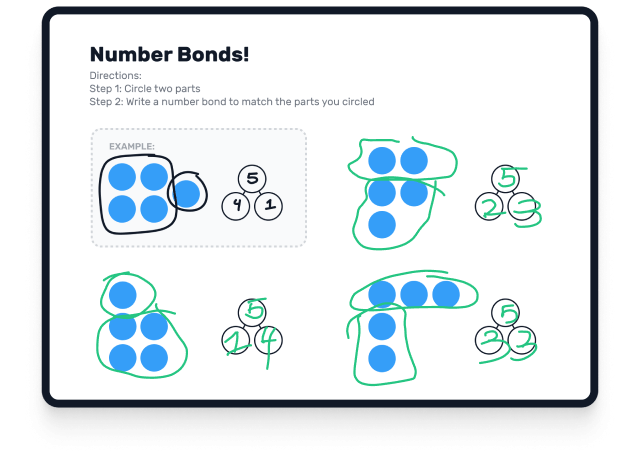 Screenshot of Classkick app showing zoomed-in view of a single student's work on a number bonds problem